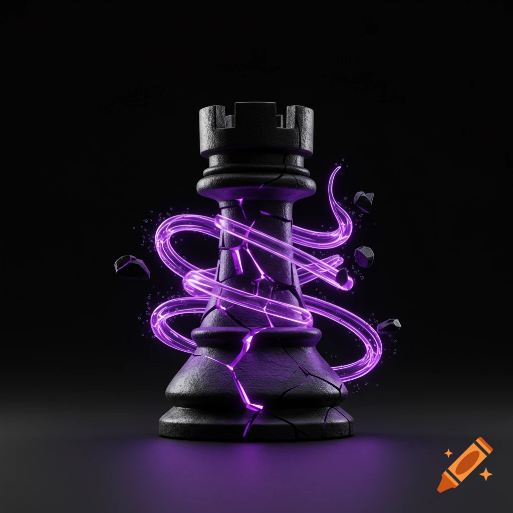A shattered black chess rook with glowing purple energy tendrils wrapping around it.
