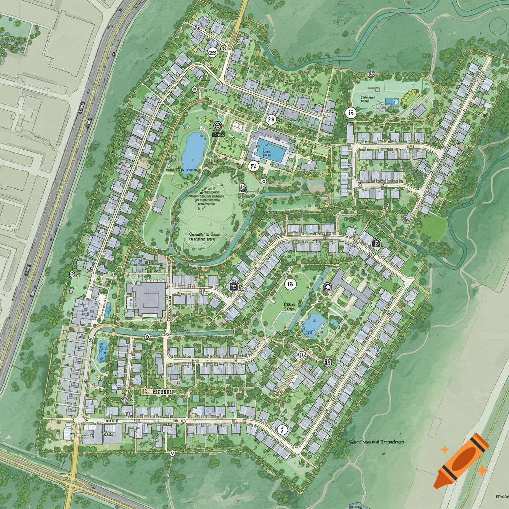 Detailed watercolor-style site plan map of a residential neighborhood with streets, houses, parks, and water features.