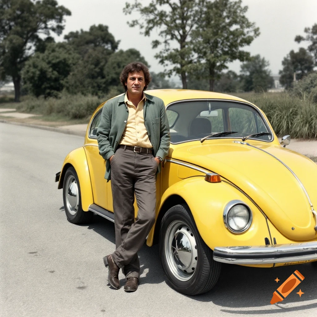 Carlos Castaneda next to a yellow VW Beetle, 1968 on Craiyon