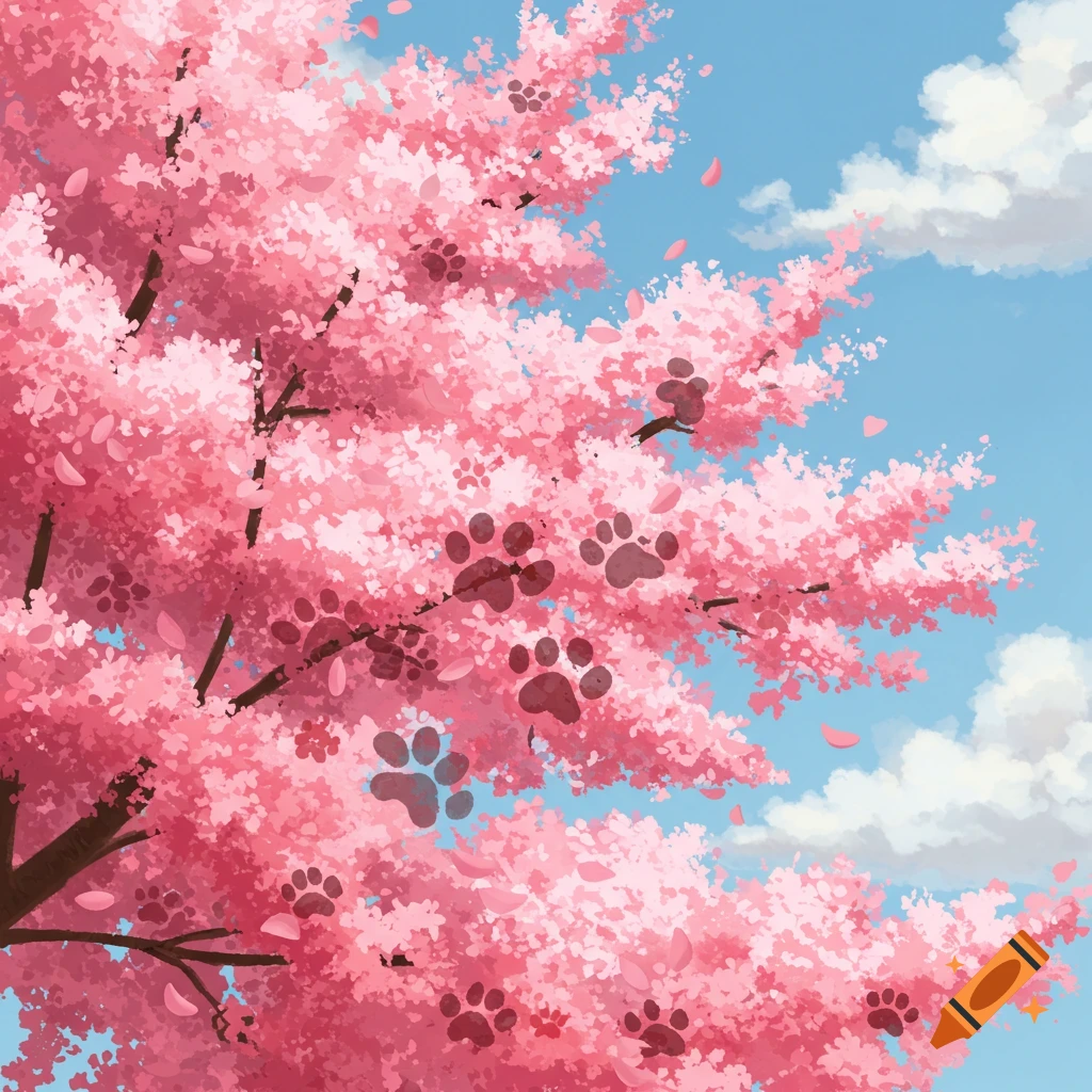 A cherry blossom tree with paw prints on the branches against a blue sky with clouds.