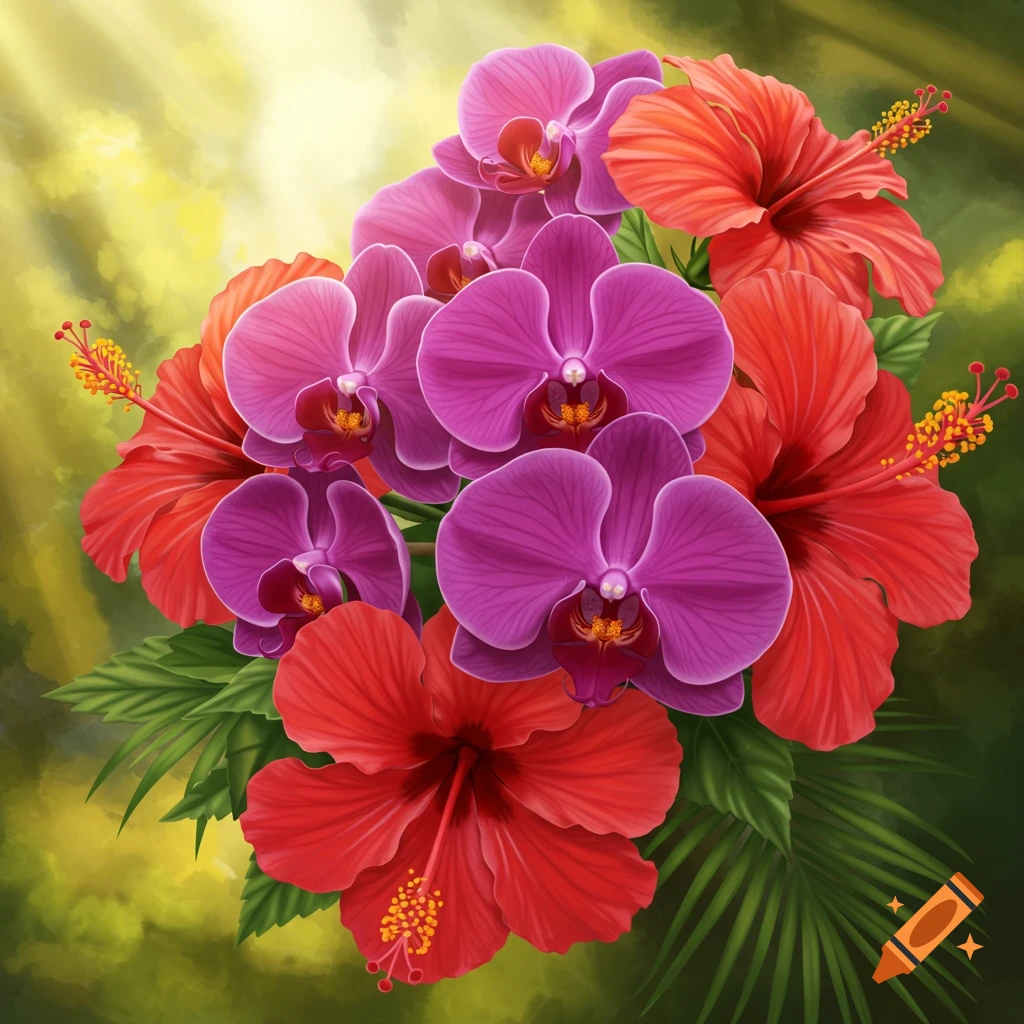 A bouquet of pink orchids and red hibiscus flowers.