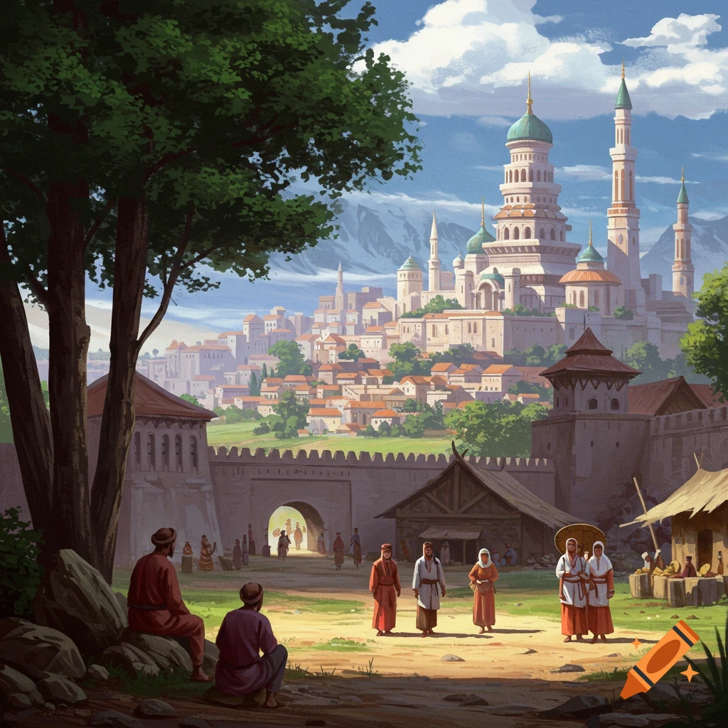 A fortified city with domes and towers, and people in traditional clothes in the foreground.
