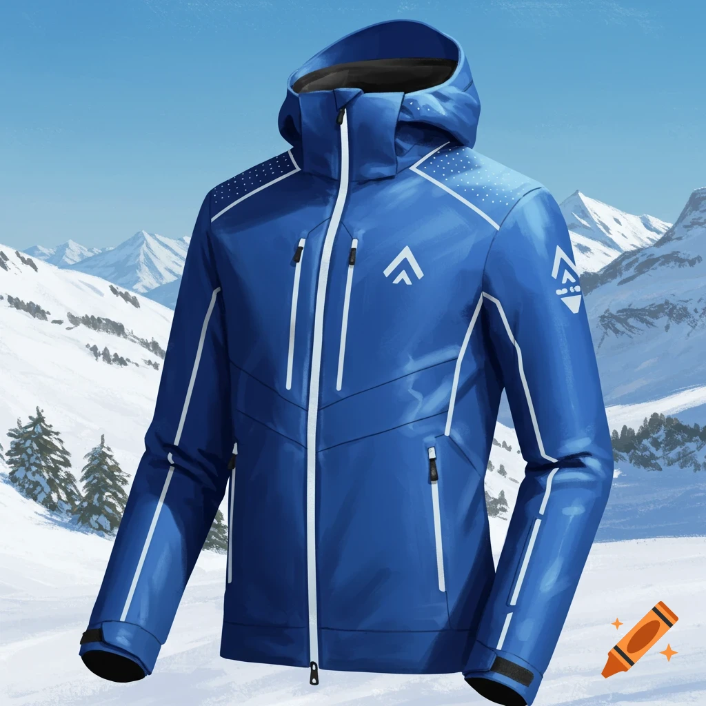A blue ski jacket with reflective white lines is in a snowy mountain landscape.