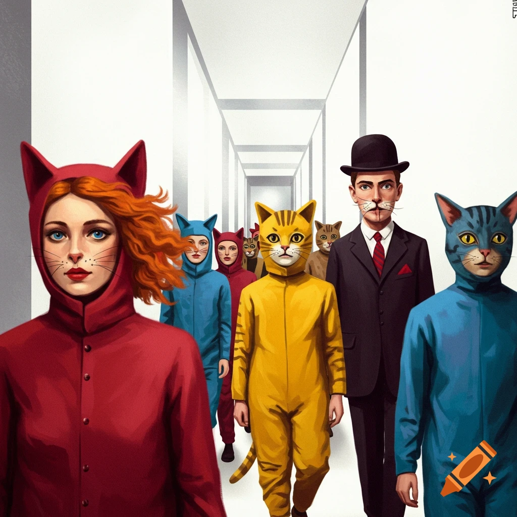 A dada-style image of people in primary color cat costumes and a man in a suit walking down a hallway.