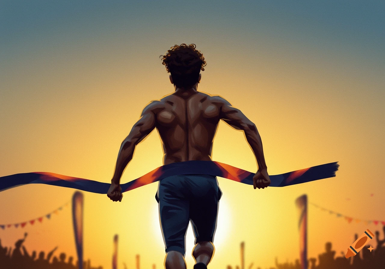 A man crossing a finish line at sunset, viewed from the back.
