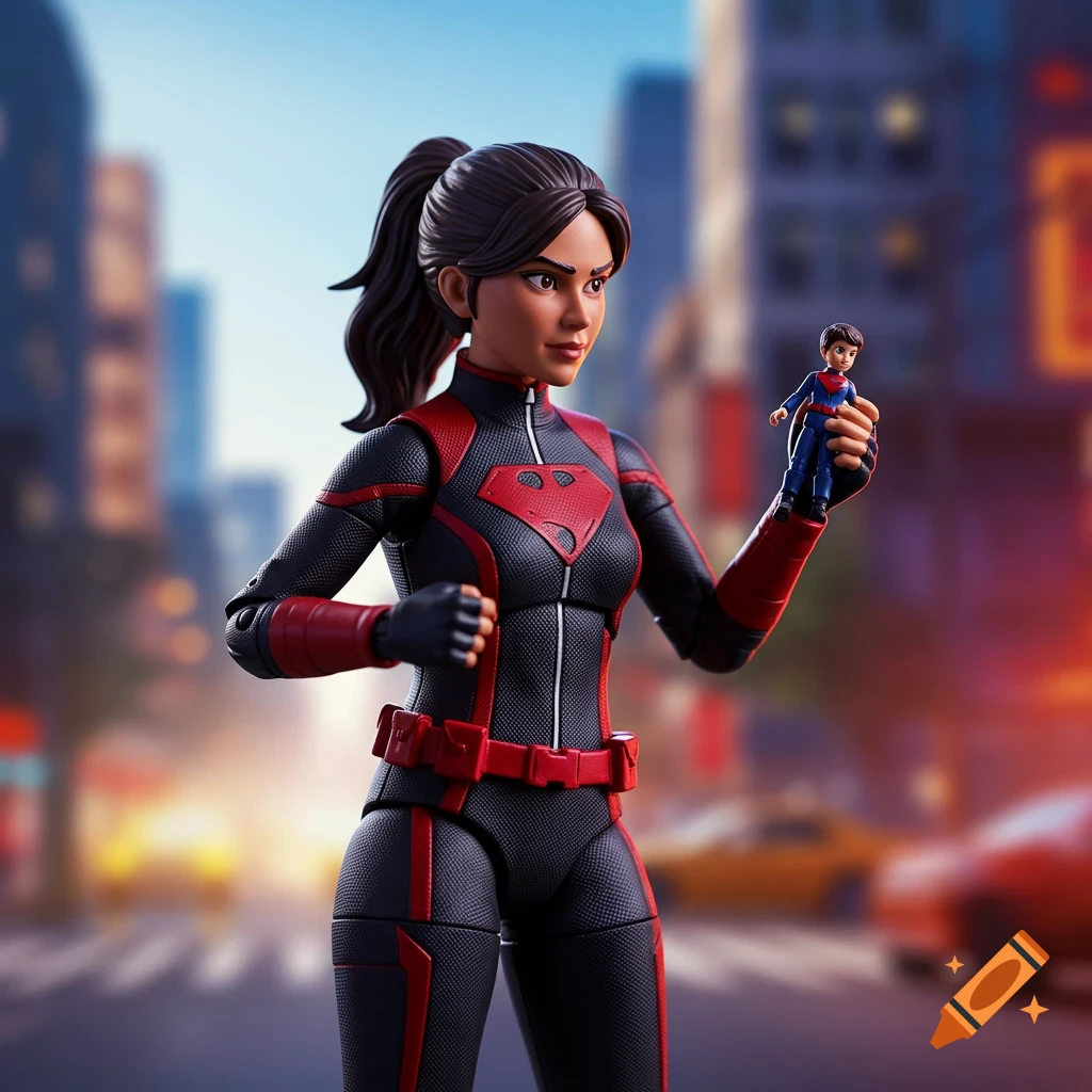 Action figure of a woman in a red and black suit holding a smaller action figure, standing in a city street.