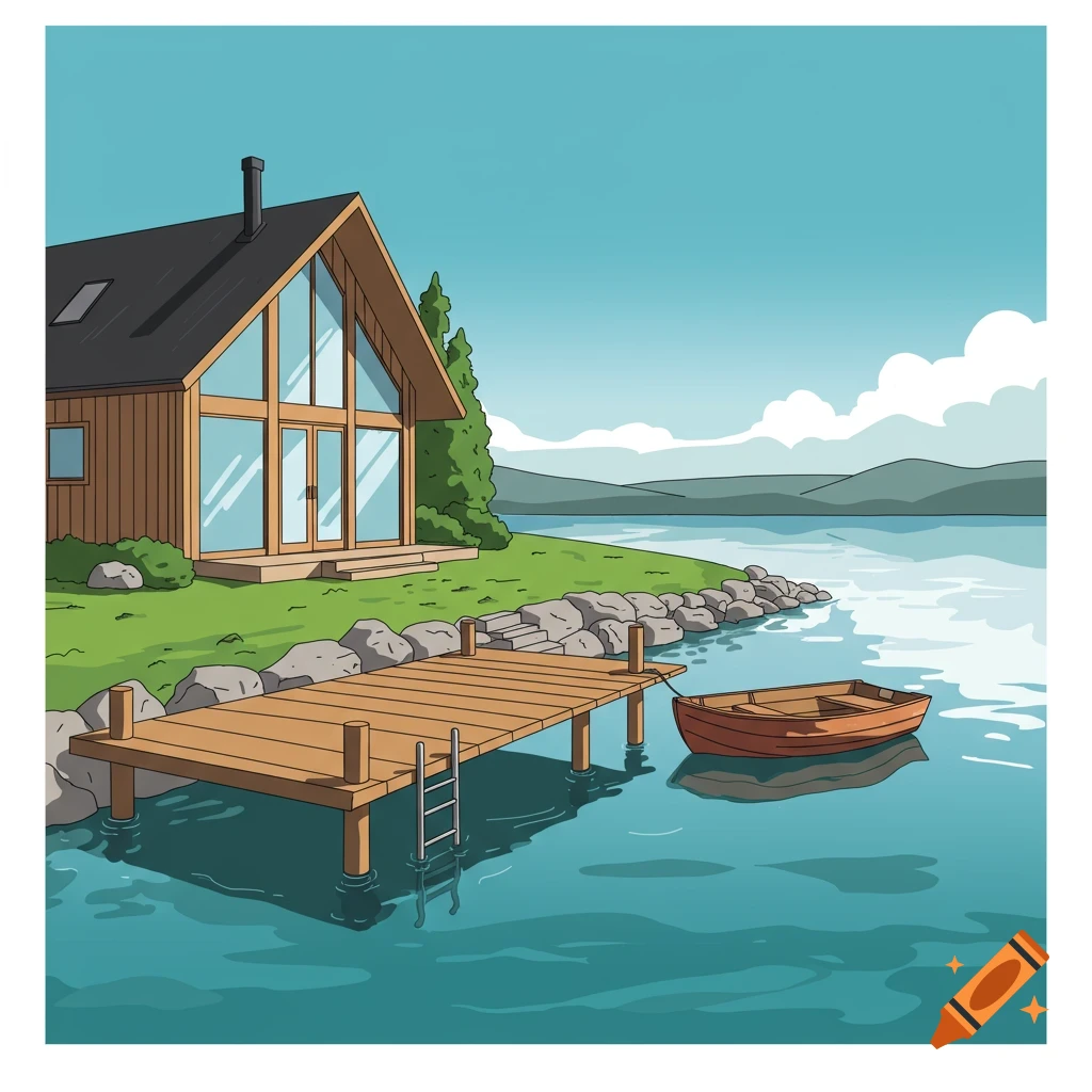 A vector graphic of a lakeside cabin with a wooden dock and a small boat on the water.