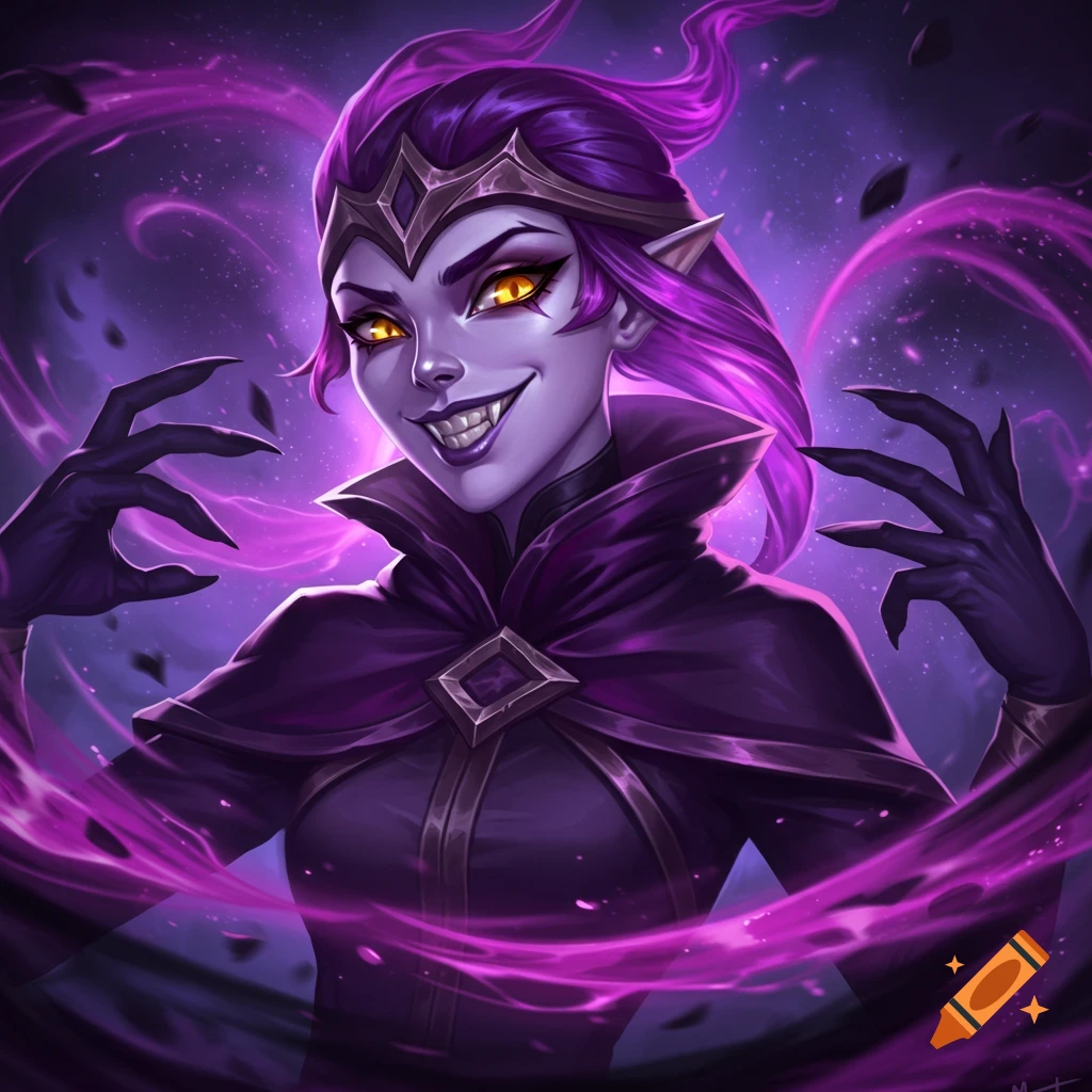 A fantasy character with purple skin, glowing eyes, fangs, and sharp nails surrounded by purple energy.