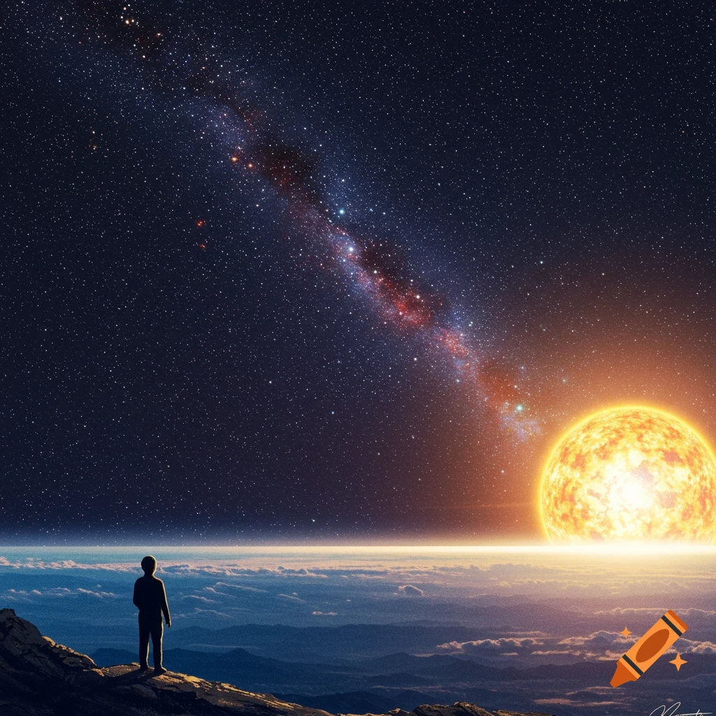A person stands on a mountain looking at a starry sky with the Milky Way and a large glowing sun