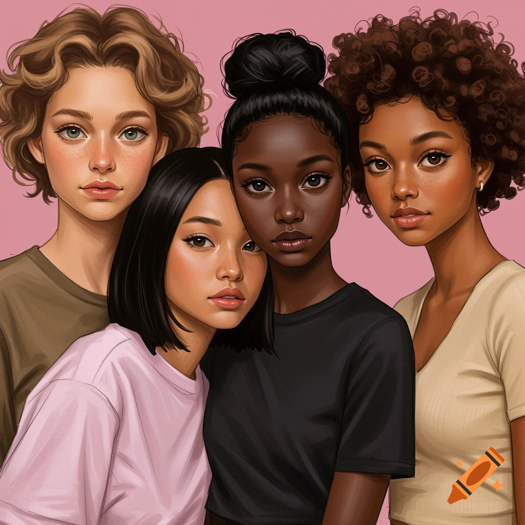 Four young women with varying skin tones and hair styles posing against a pink background.