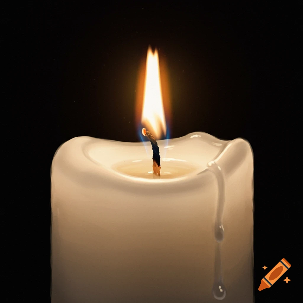 A white candle burning with a golden flame against a black background.