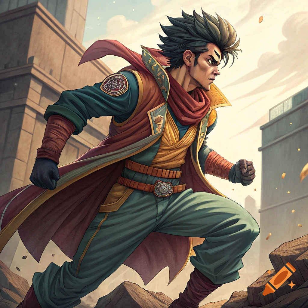 Stylized male character with spiky hair, scarf, and jacket runs over rocks in an urban setting.