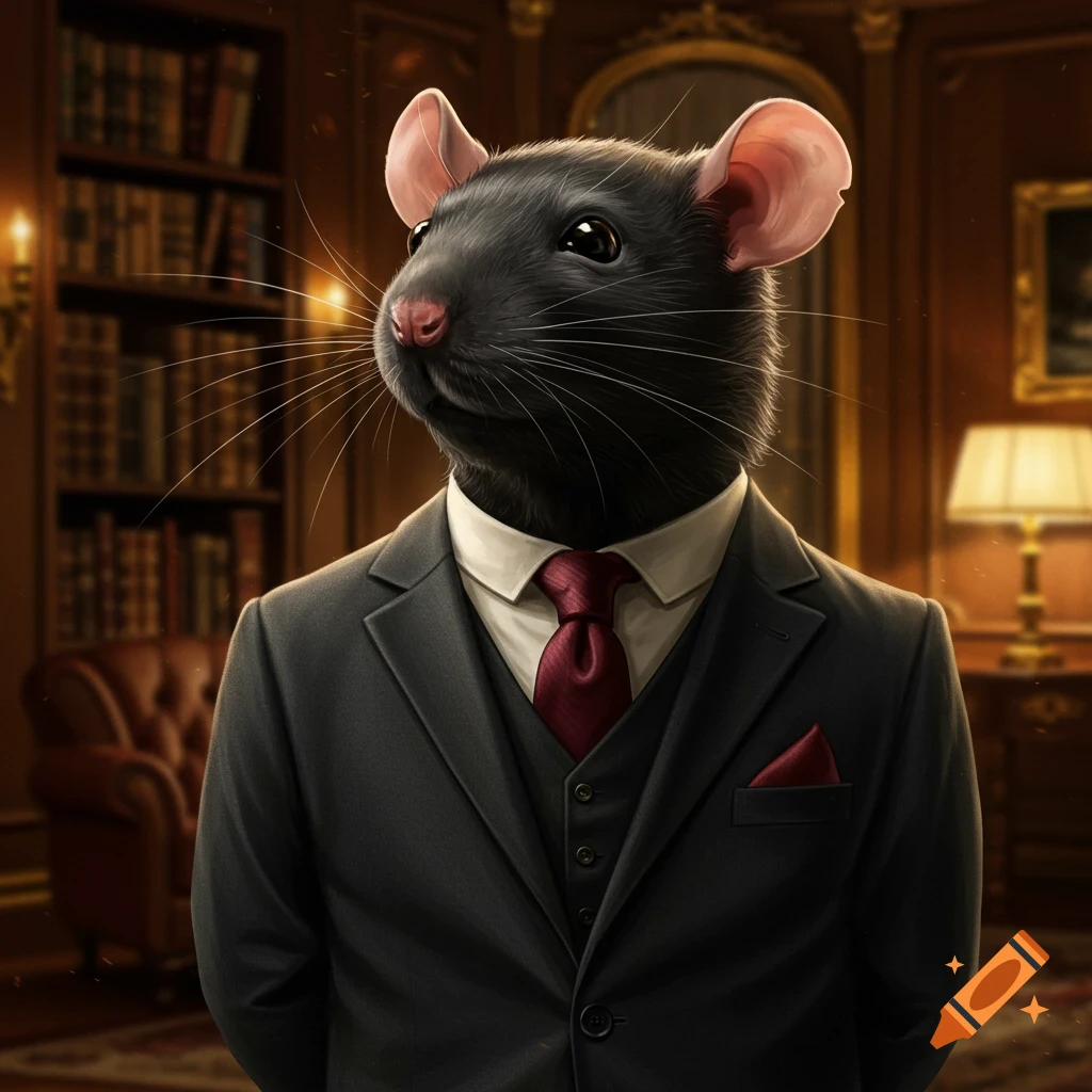 A black rat is wearing a suit, vest, and tie in a library.