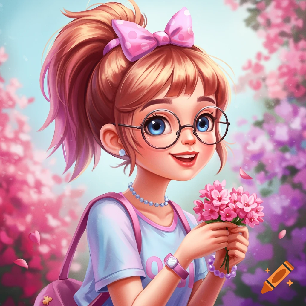 Illustration of a cheerful girl with a high ponytail and glasses holding pink flowers in a garden.
