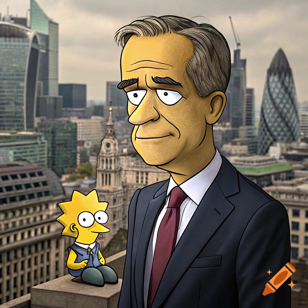 Cartoon character styled like Mark Carney stands next to Lisa Simpson on a balcony overlooking a city skyline.