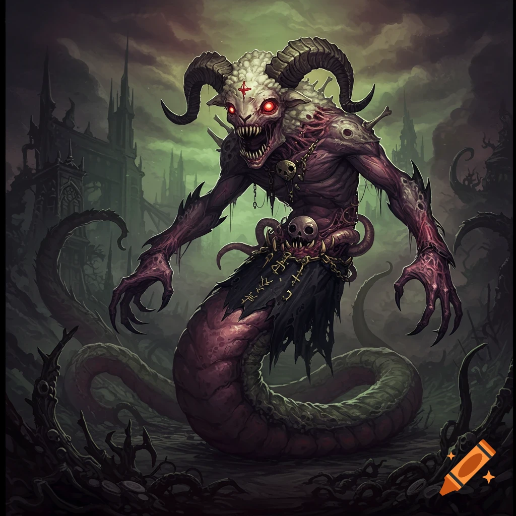 A grotesque demonic monster with a ram head, horns, red eyes, chains, skull decorations, clawed hands, and a serpentine tail stands in a gloomy landscape.