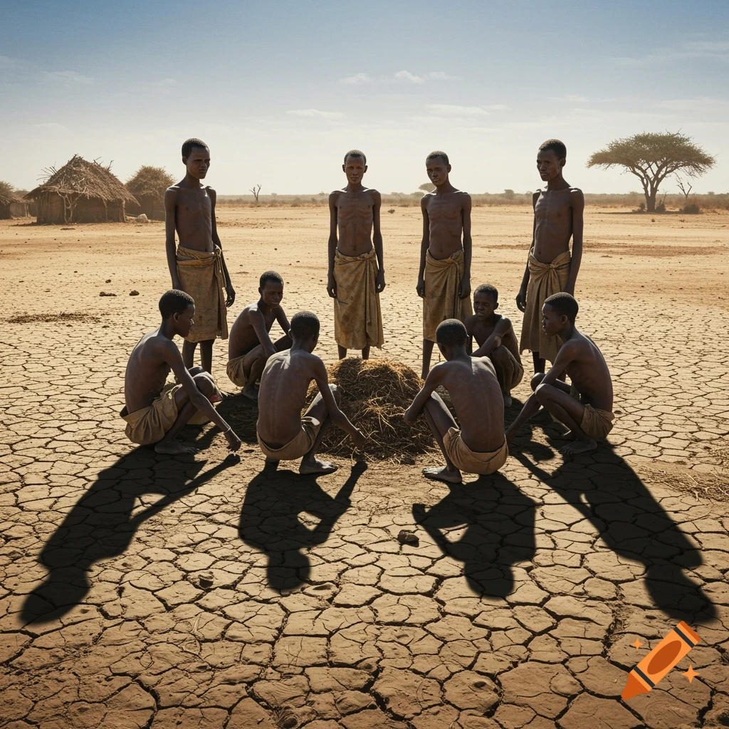 Photorealistic image of thin African individuals gathered on cracked dry earth in a barren landscape.