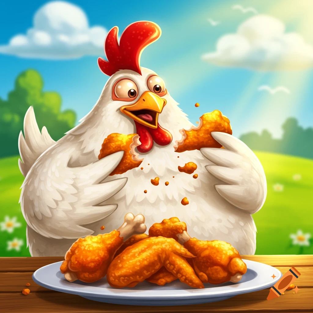 A cartoon chicken happily eats fried chicken pieces on a plate outdoors.