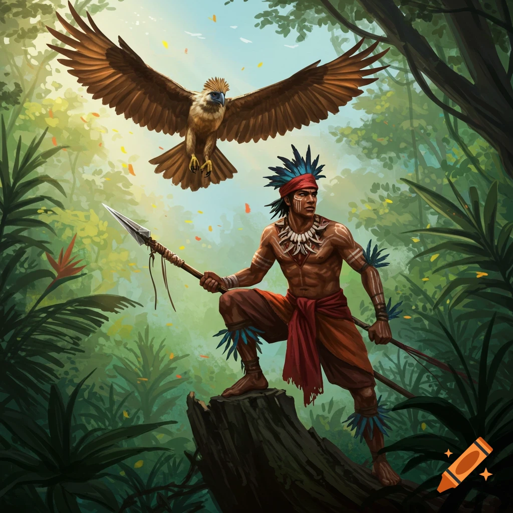 A warrior with a spear stands in a jungle, with an eagle nearby.
