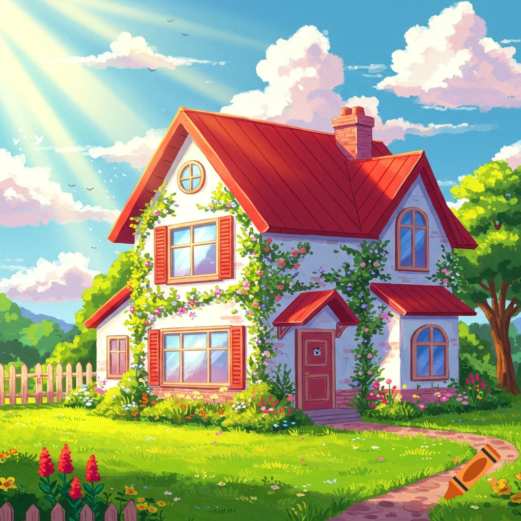 A bright house with a red roof and flowers in a sunny garden.