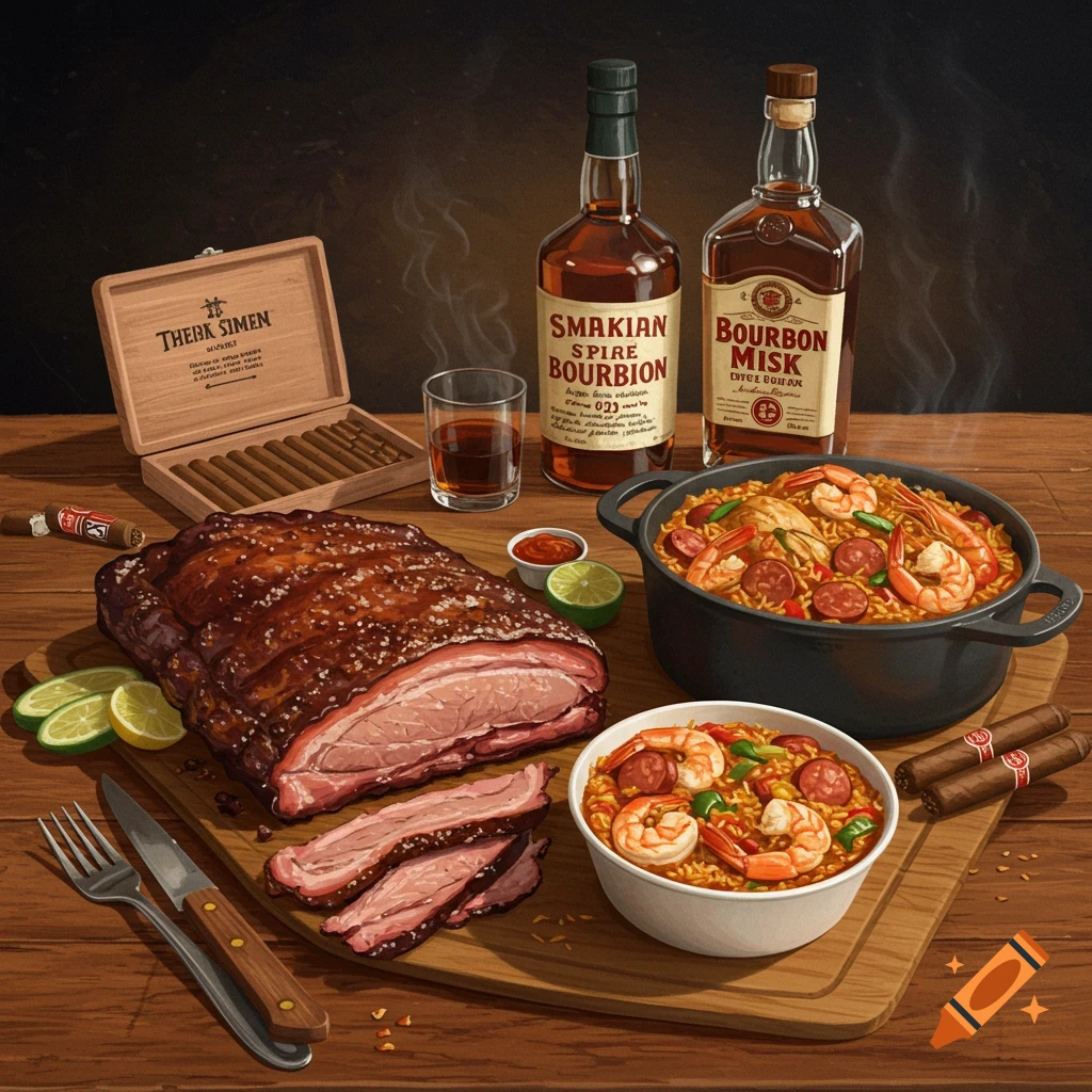 A Cajun dinner with sliced smoked pork, jambalaya, bourbon bottles, a glass, and cigars on a wooden table.