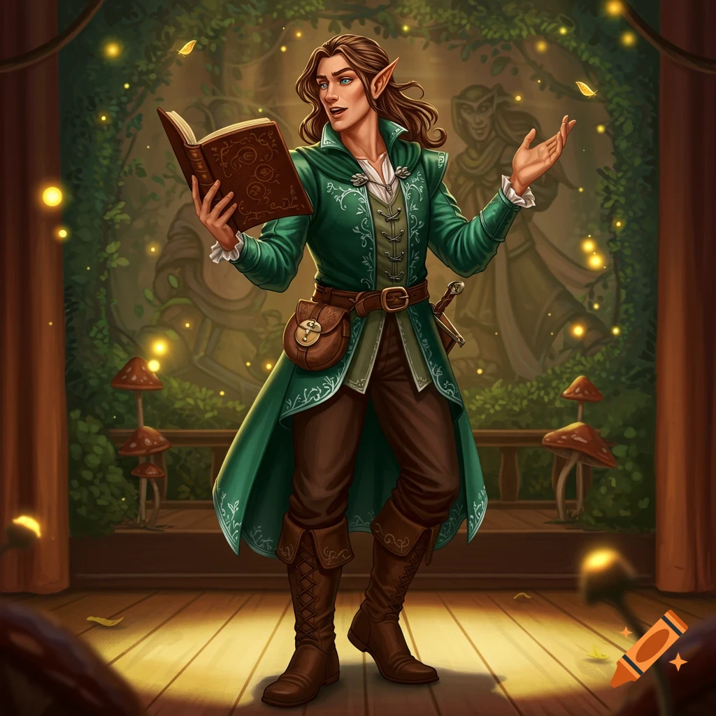 A male wood elf actor on stage, holding a book