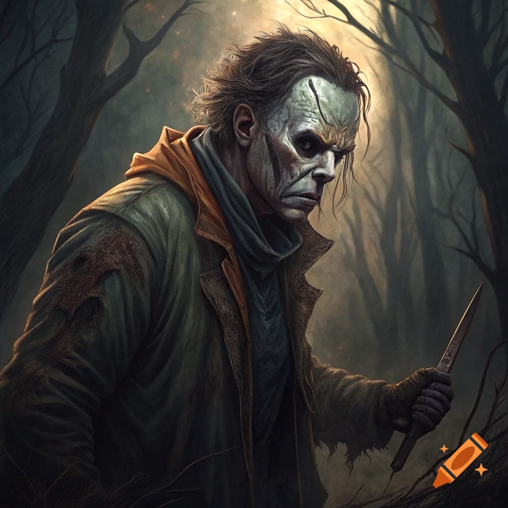 A terrifying character with a white, scarred face and ragged clothes holds a knife in a dark forest.