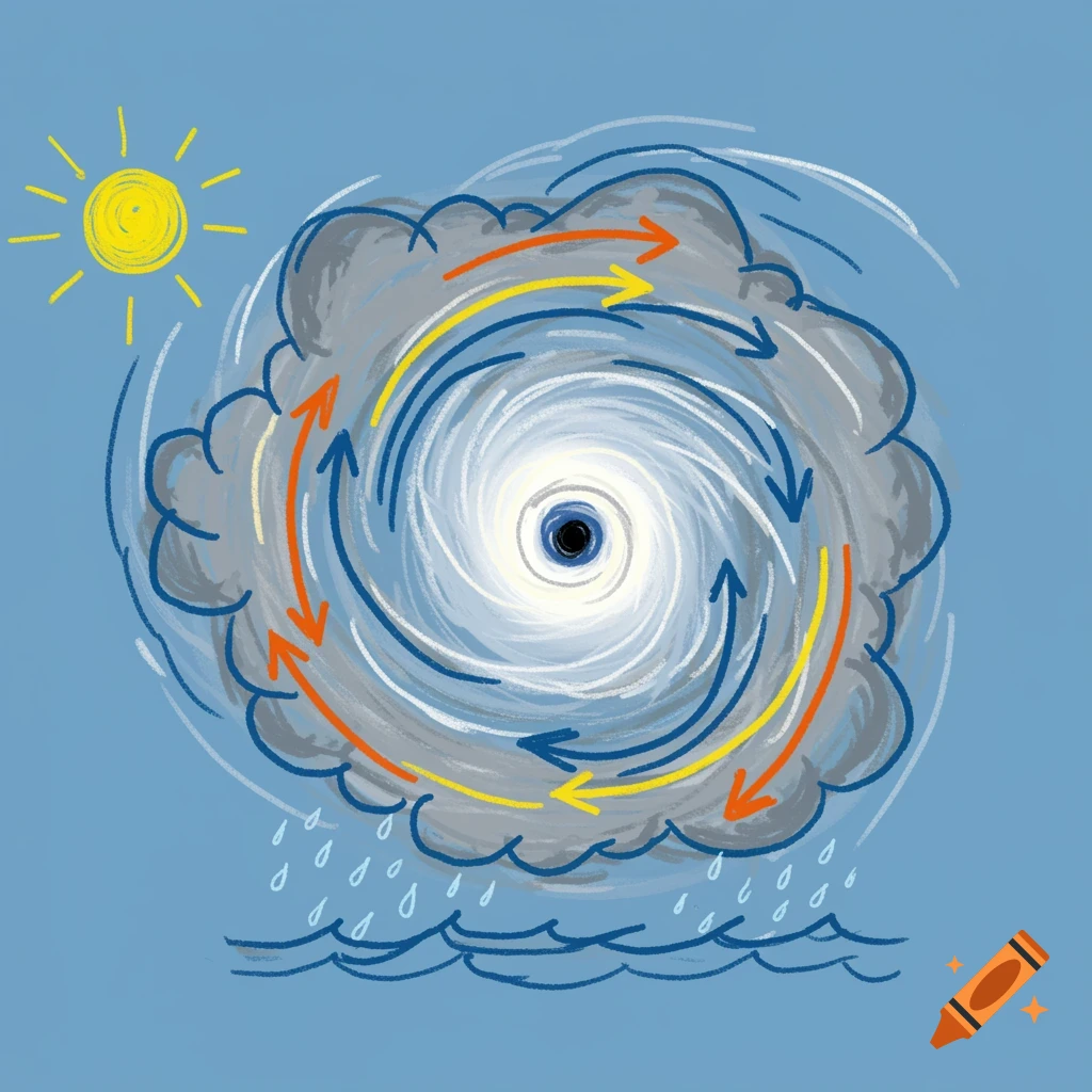 Stylized child's drawing illustration of a hurricane diagram with sun, clouds, rain, waves, and directional arrows.
