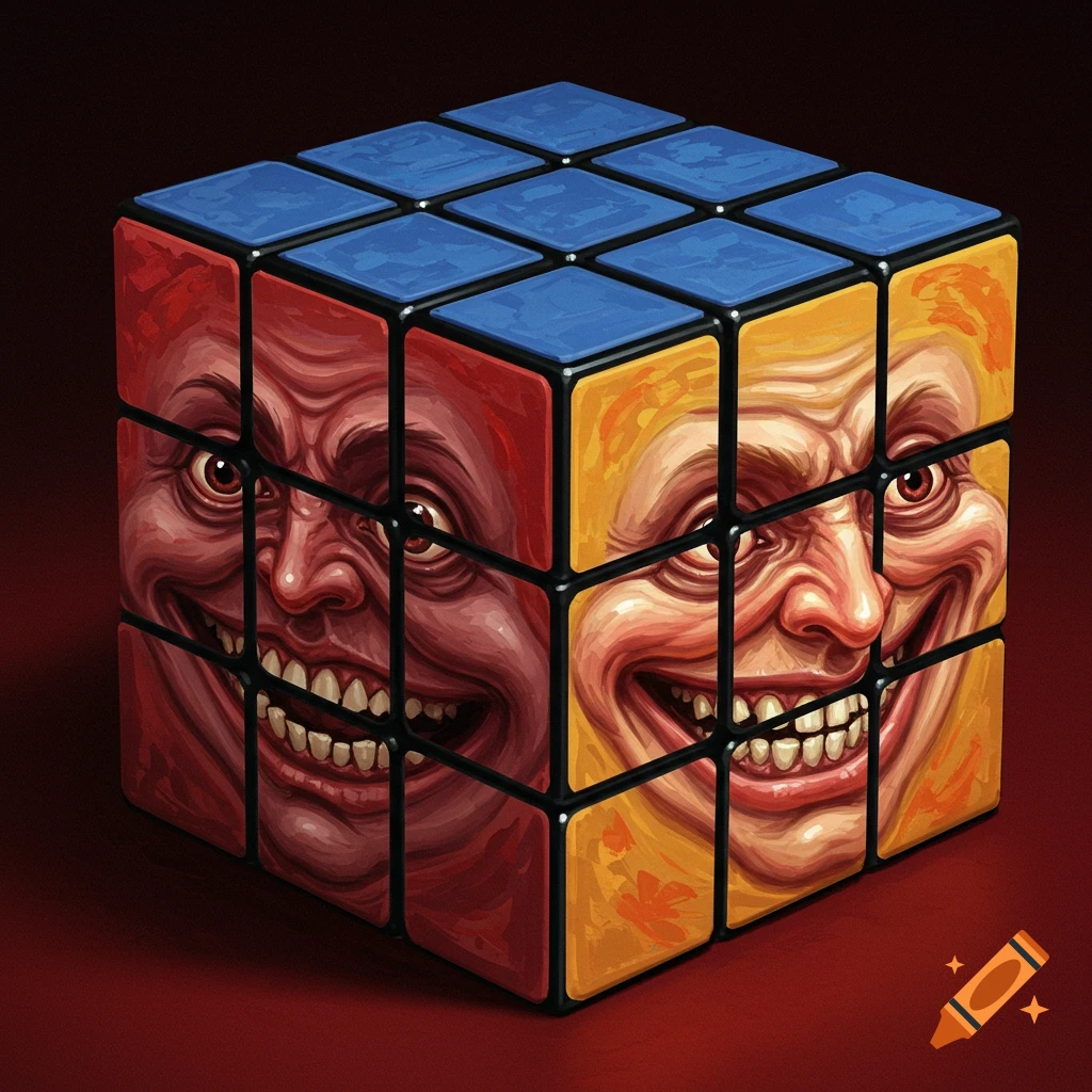 A Rubik's Cube featuring distorted, scary faces on two sides.