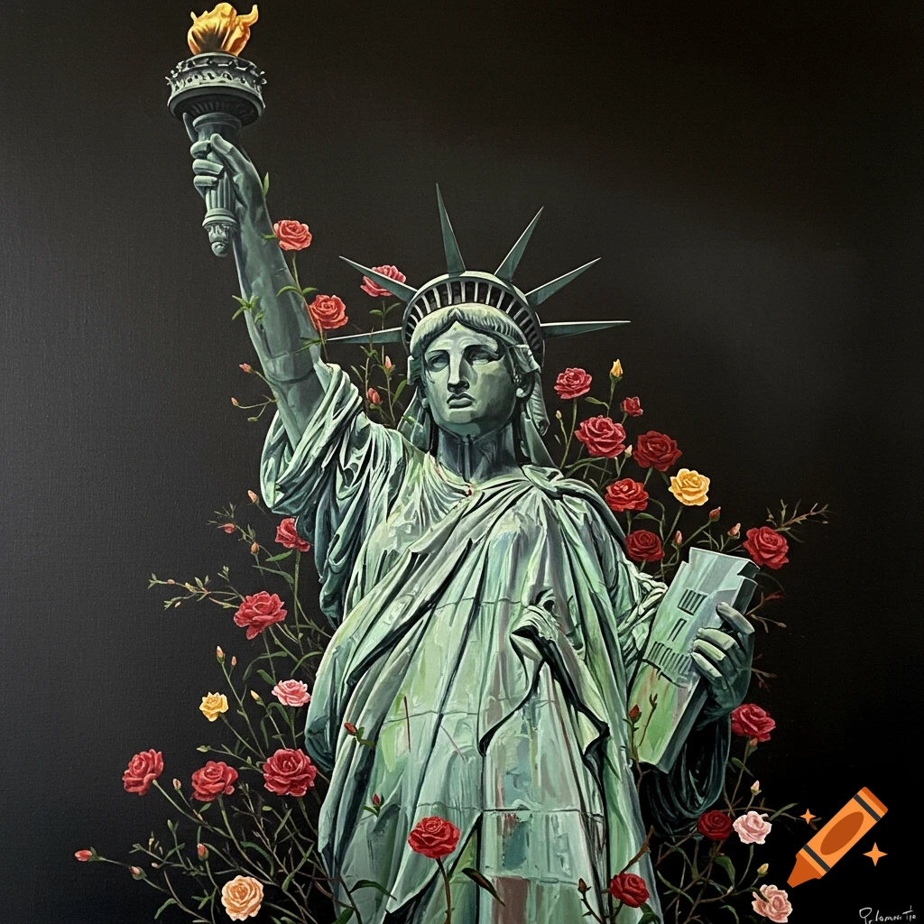 Oil painting of the Statue of Liberty being overtaken by red and yellow roses