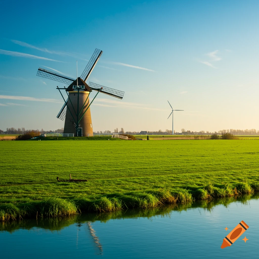 A windmill and wind turbine stand in a green field beside water under a blue sky at sunset.