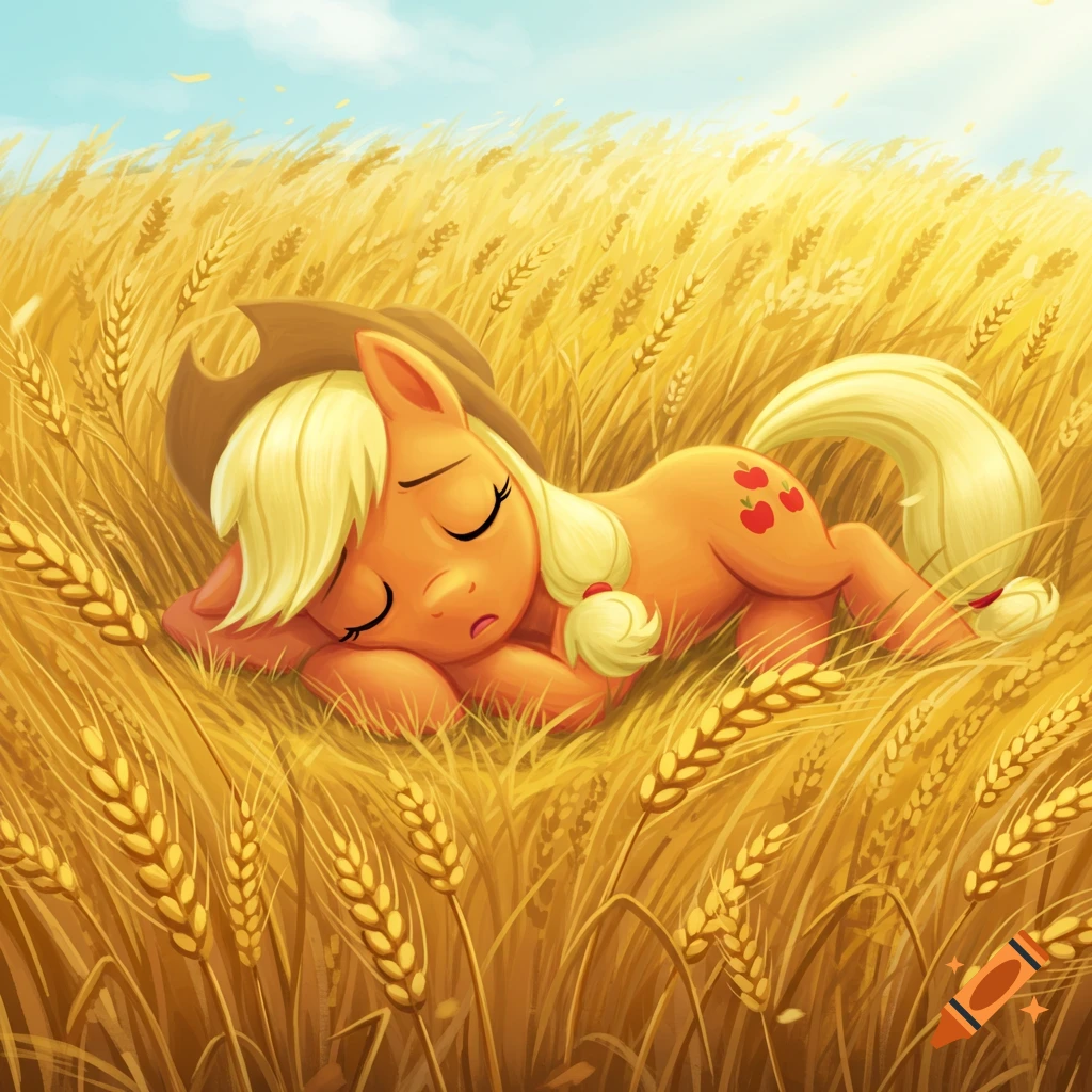 Cartoon pony sleeping in a golden wheat field