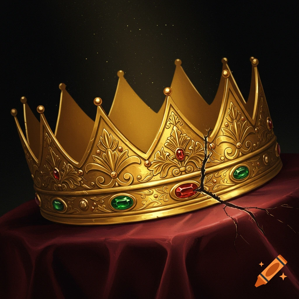 A cracked golden crown with gems sits on red fabric.