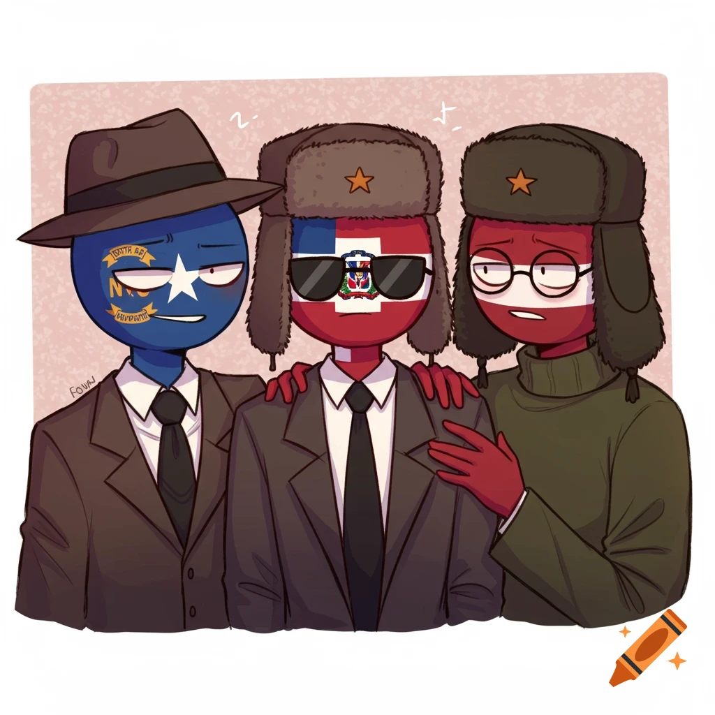Cartoon depiction of three characters with country/state flag faces, dressed in suits and ushankas/fedora.