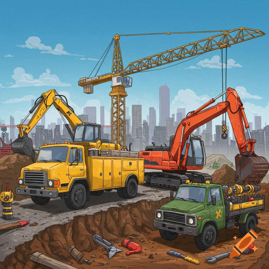 Digital illustration of construction vehicles and a crane at a building site with a city skyline.