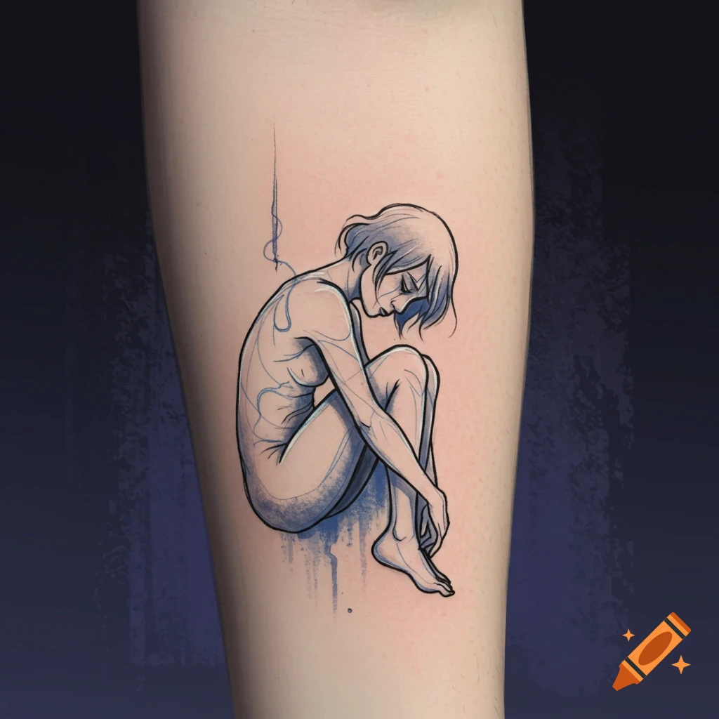 A stylized tattoo design of a figure curled in a ball on skin, with blue line work and shading.