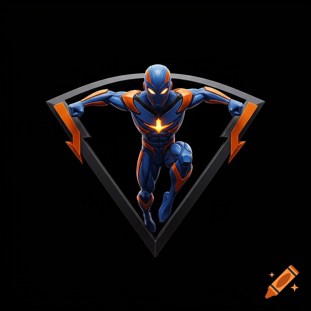 A stylized superhero in a blue and orange suit inside a triangular logo frame.