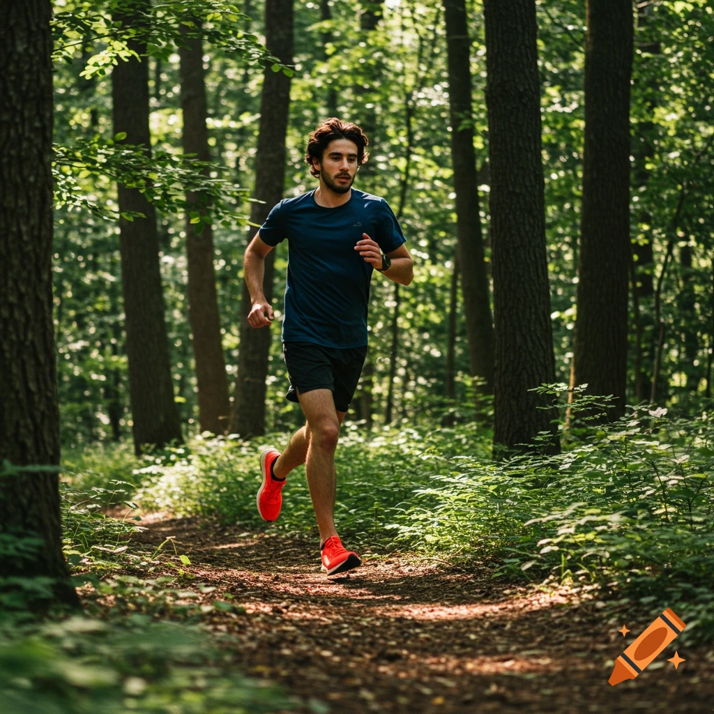 A man runs on a sun-dappled dirt path through a lush forest.
