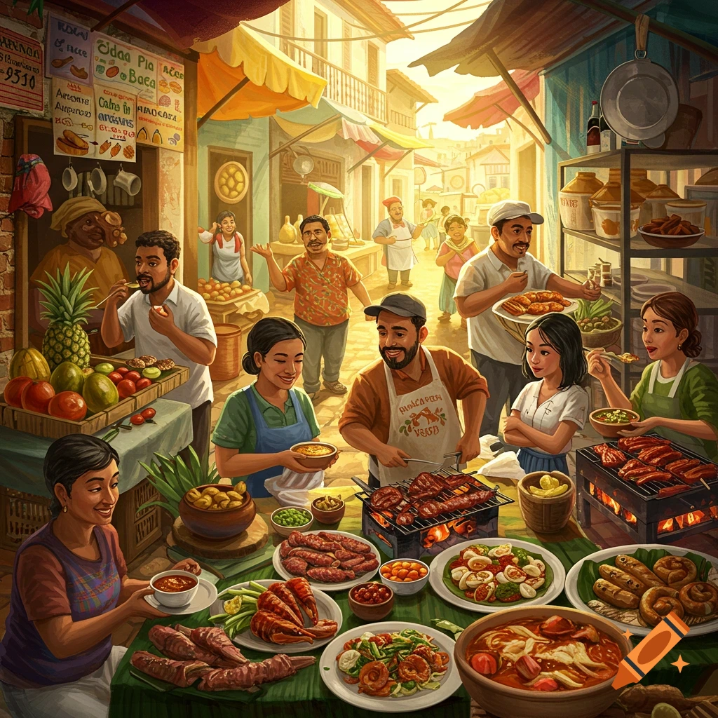 A vibrant outdoor market scene with people eating, grilling, and selling food
