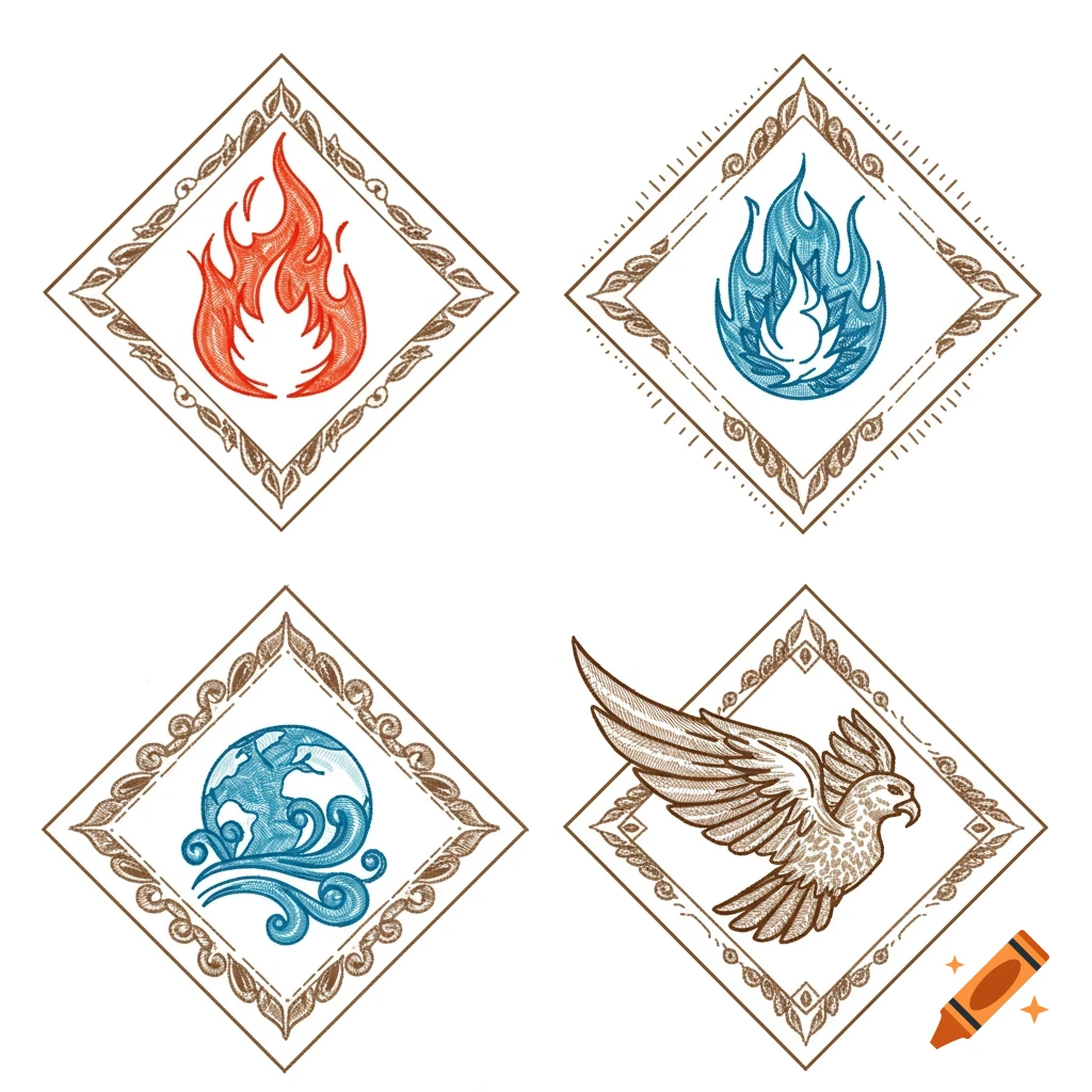 Four elemental symbols (fire, earth, air, water) in decorative line art diamond frames.