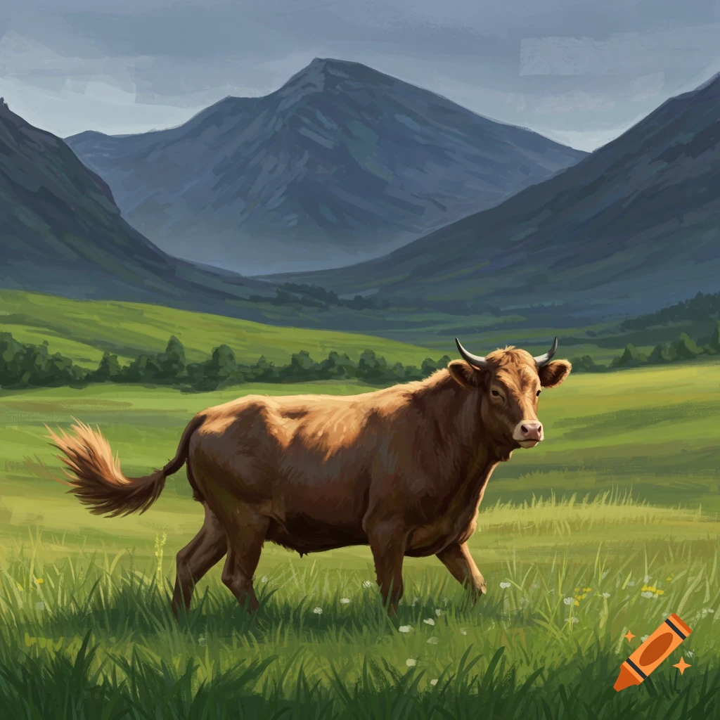 A brown cow stands in a green field with mountains in the background.