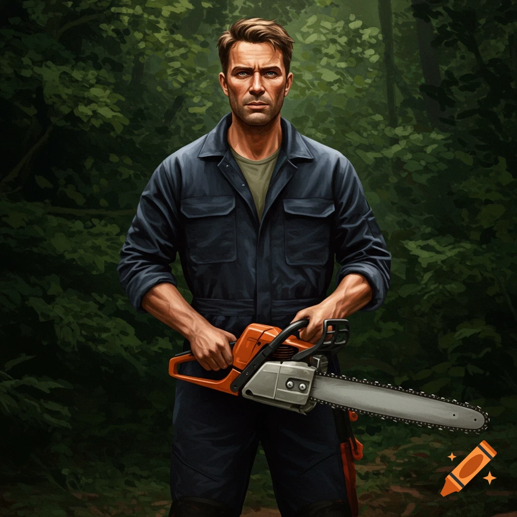 Illustration of a man cutting down a tree with a chainsaw in a forest ...
