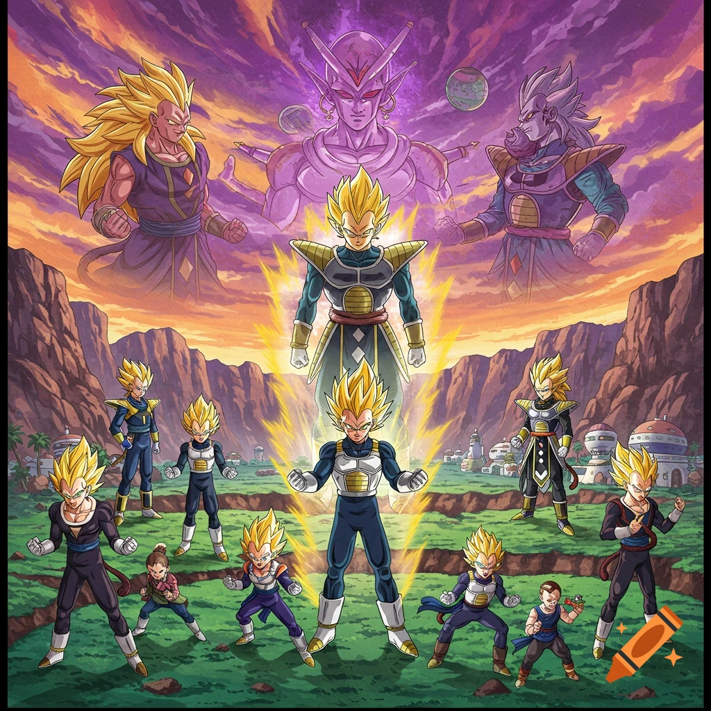multiple Dragon Ball characters, mostly Vegeta in various Super Saiyan forms, on a landscape with mountains and figures in the sky.