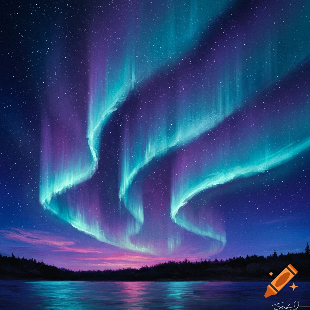 Purple and blue aurora borealis over a lake with trees.