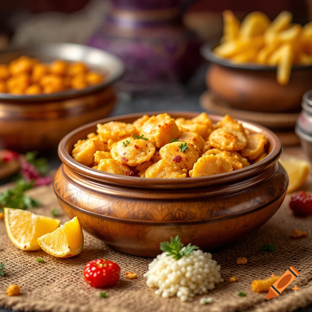 A bowl of Indian food with lemon slices and garnish on burlap, photorealistic style.