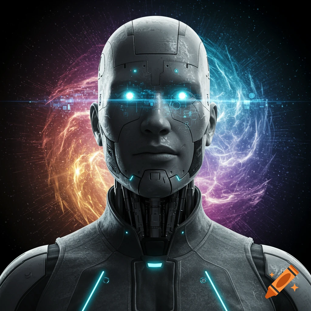 Close-up of a robot bust with glowing blue eyes against a swirling cosmic background.