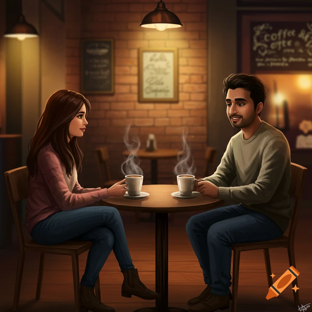 A couple having coffee at a cafe table.