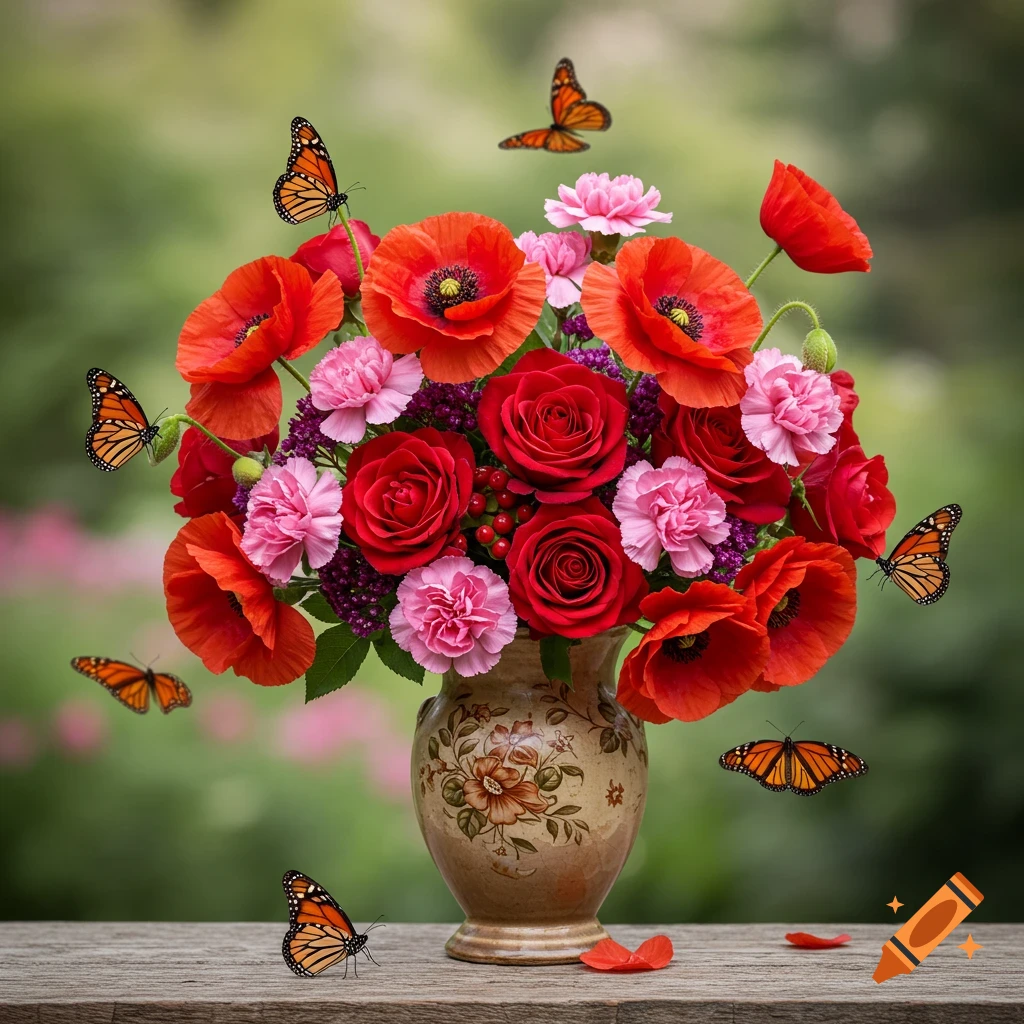 Photorealistic bouquet of red poppies, roses, and pink carnations with monarch butterflies fluttering around in an outdoor setting.