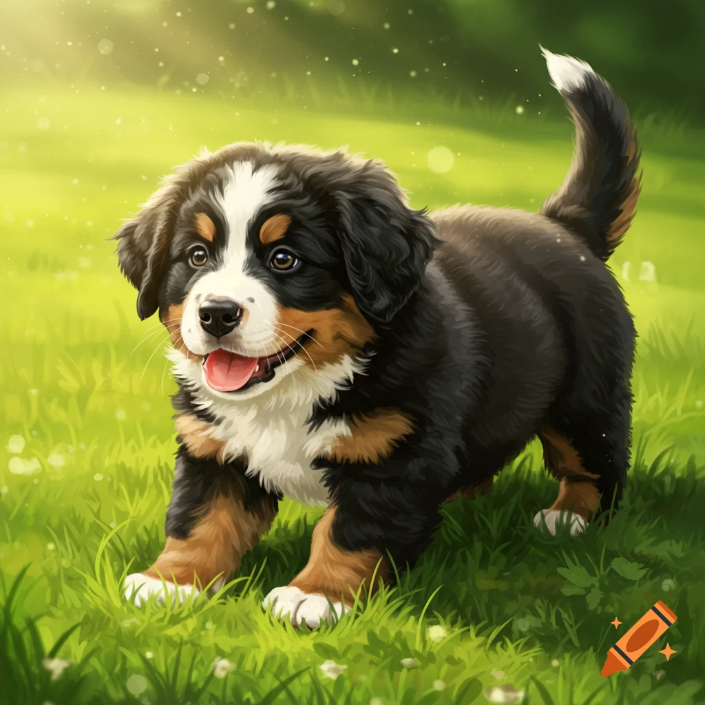 A Bernese mountain dog puppy playing in the grass.
