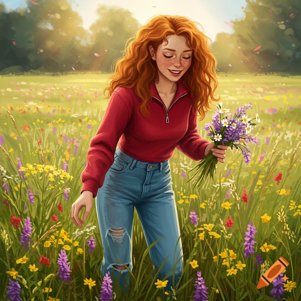 A red-haired woman picking flowers in a meadow